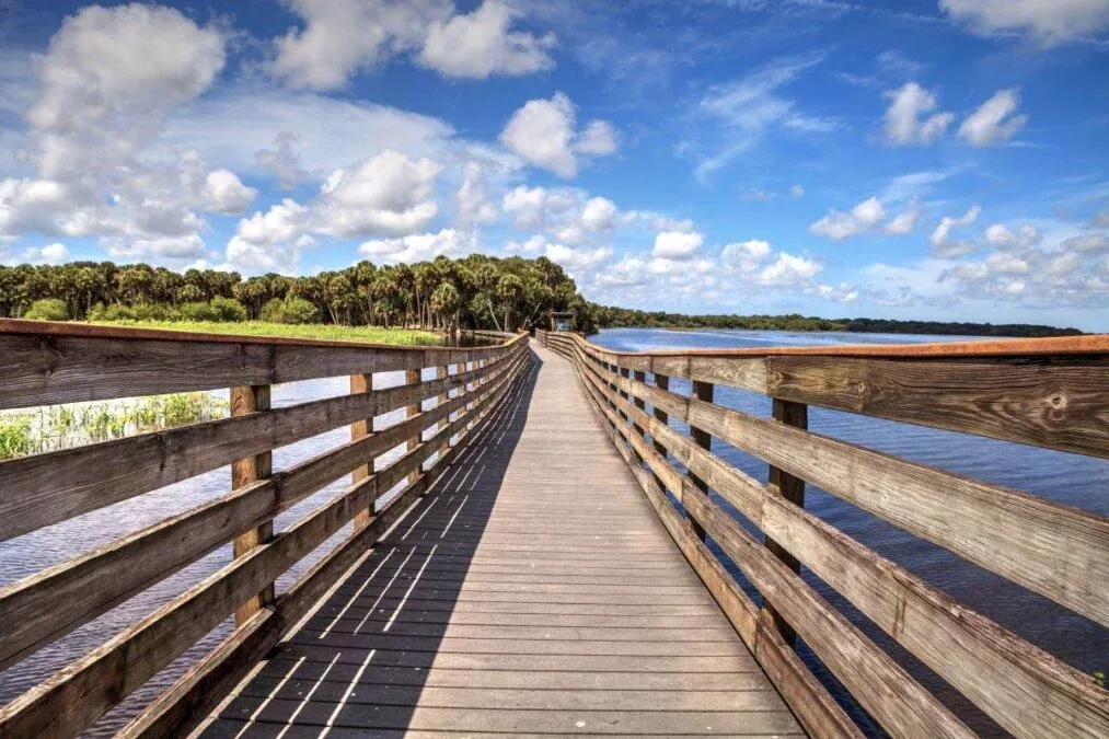 A wooden walkway leading to a body of water in a State Park.
